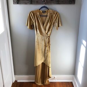 marigold velvet high/lo wrap dress